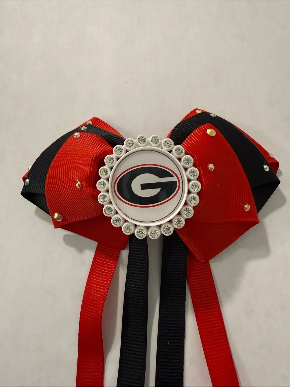 Red and Black Team Ribbon Hair Bow with Rhinestone Medallion
